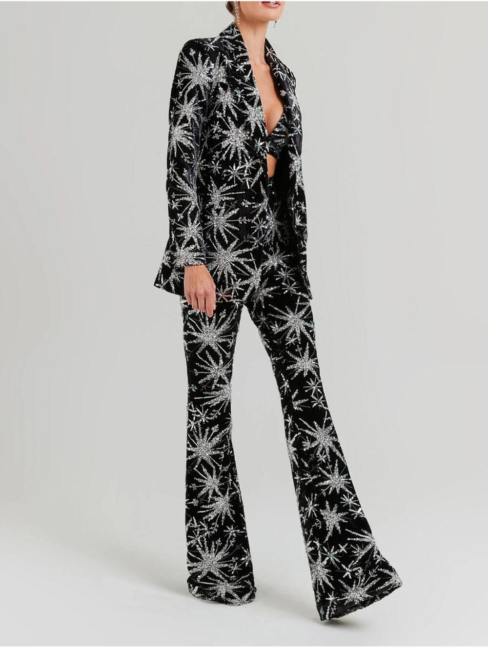 NWT Nadine Merabi Stella Star Velvet Sequin Beaded Suit Blazer Pants L/XL $1077